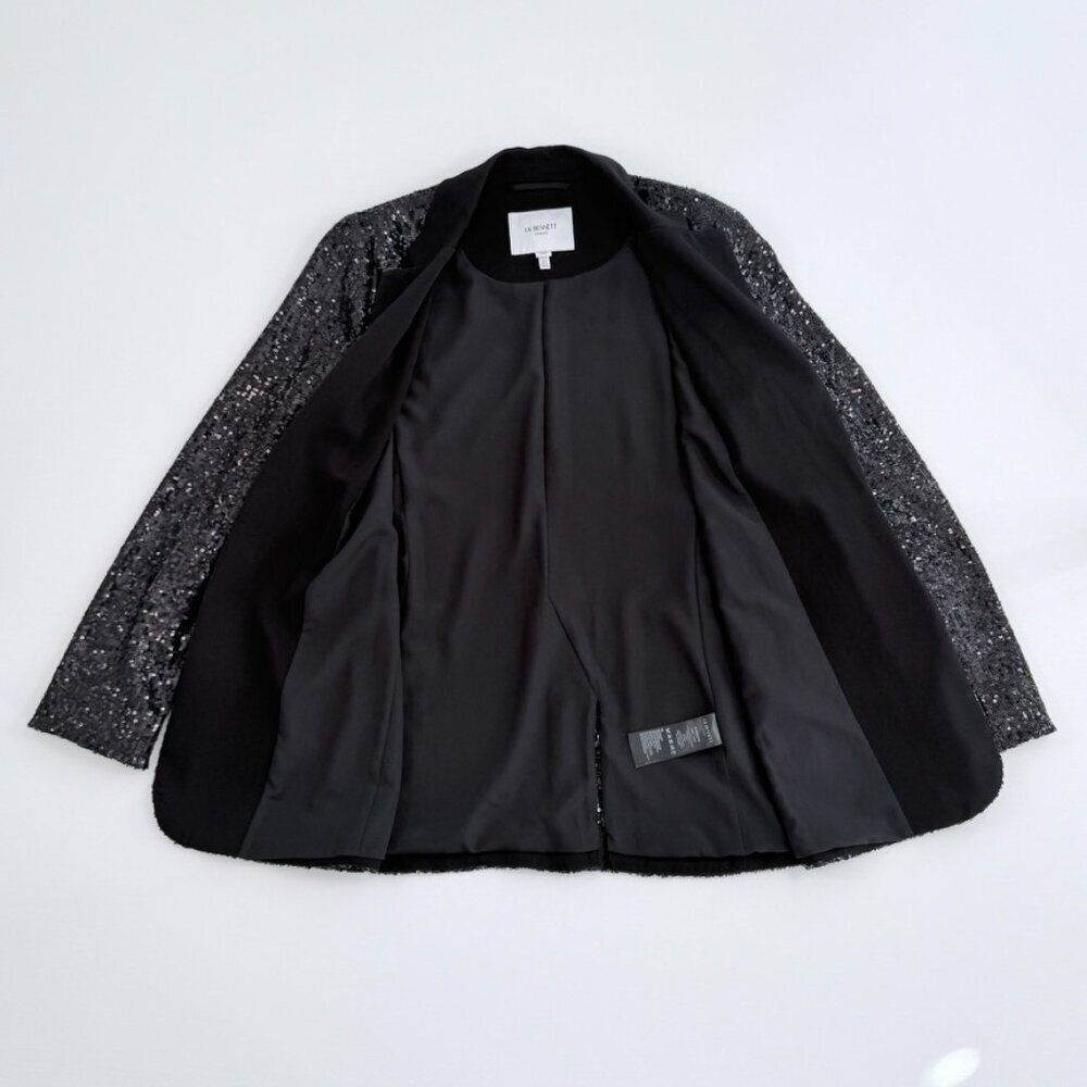 LK Bennett London Black Sequin Open Front Jacket with Satin Collar - Picture 2 of 9